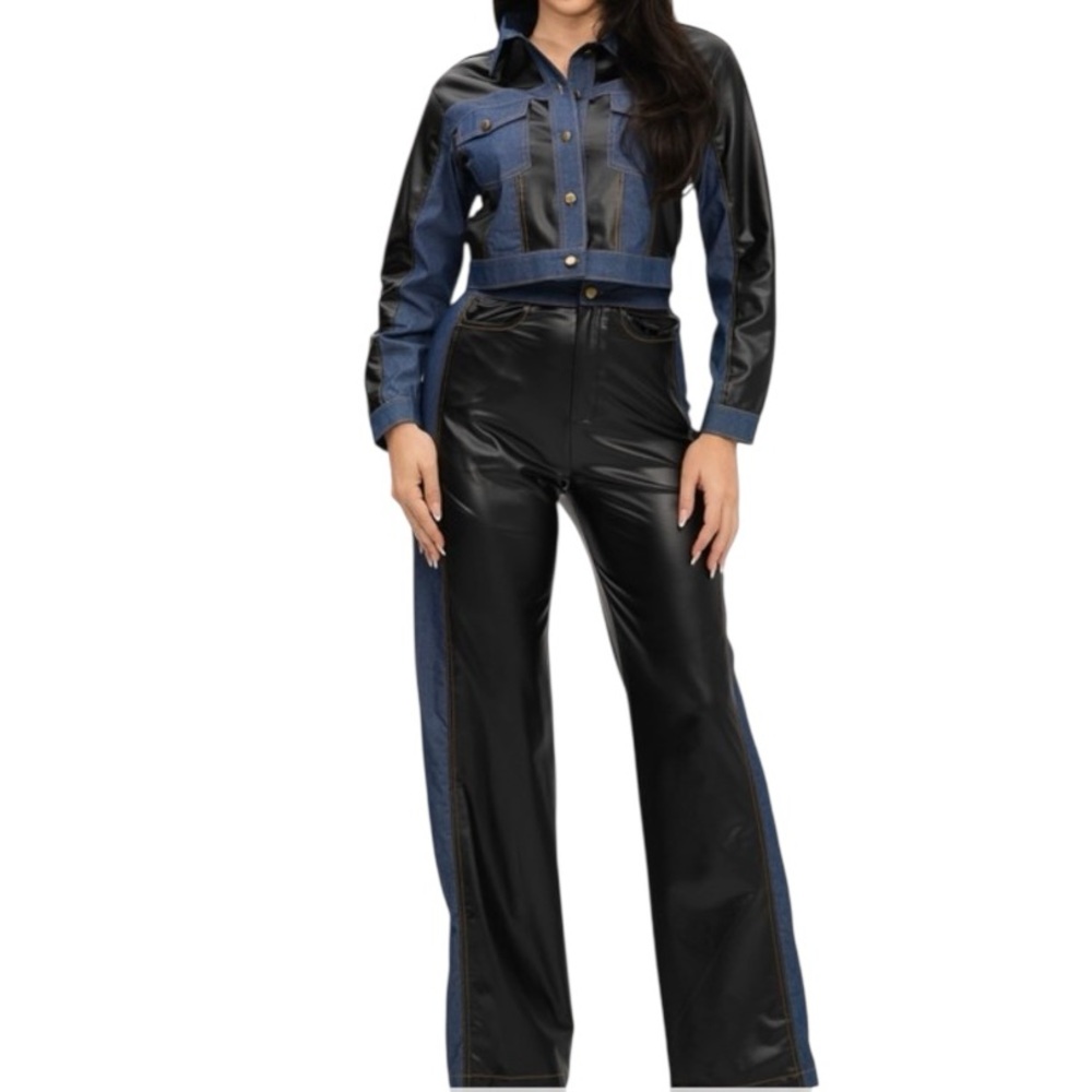 📦Julia by Love J Denim Contrast & PU Jacket & Pants SET in Black